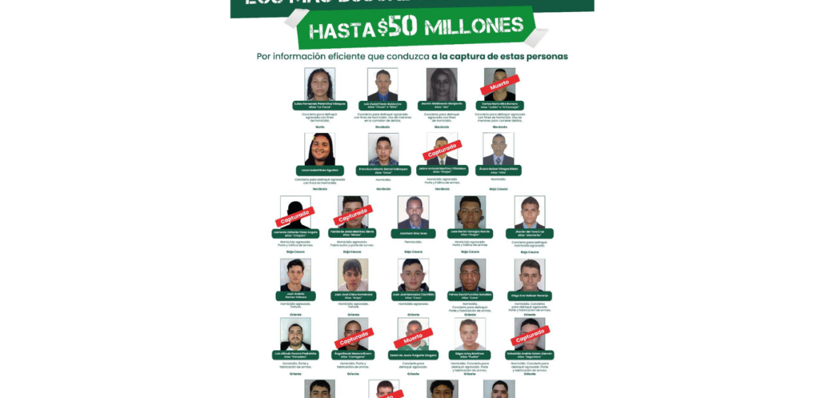 Antioquia publica cartel de los más buscados por homicidio y ofrece hasta $50 millones de recompensa