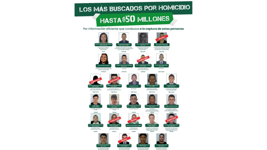 Antioquia publica cartel de los más buscados por homicidio y ofrece hasta $50 millones de recompensa